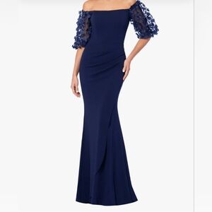 XSCAPE Off-The-Shoulder3D Floral-Sleeve Gown